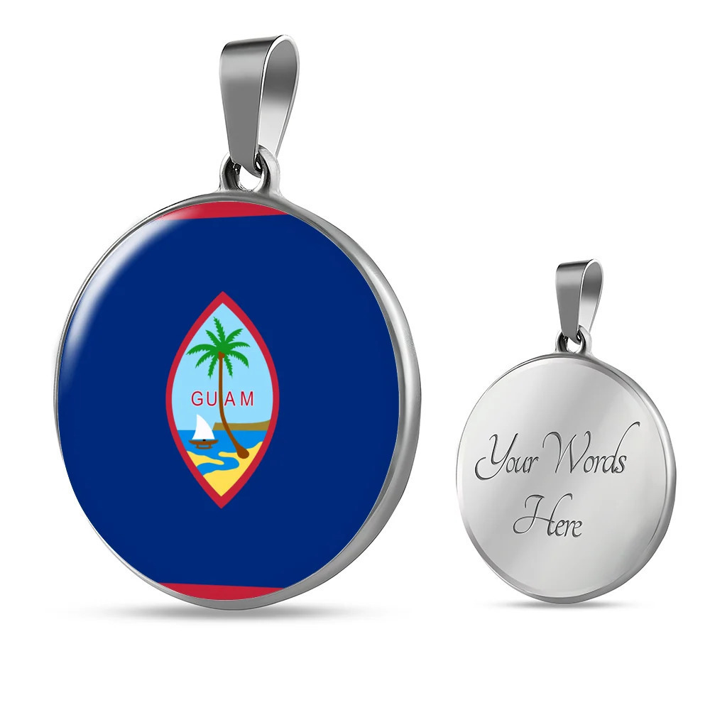Guam Flag Circle Pendant Necklace Stainless Steel 24 Inch Chain Silver Tone or